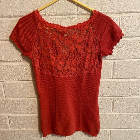We the Free People Lace Back V Neck Burnt Pink Stretchy Ribbed Top Ruffle edge - Picture 5 of 9